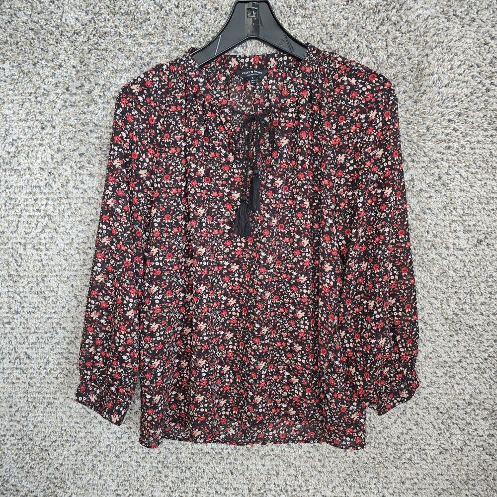 Lucky Brand Top Womens Small Red Floral Print Boho Neck Tie Casual Ladies